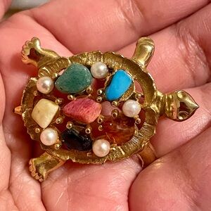 Turtle Brooch with Multicolored Stones and Pearls